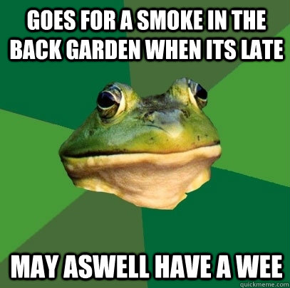 goes for a smoke in the back garden when its late may aswell have a wee  Foul Bachelor Frog