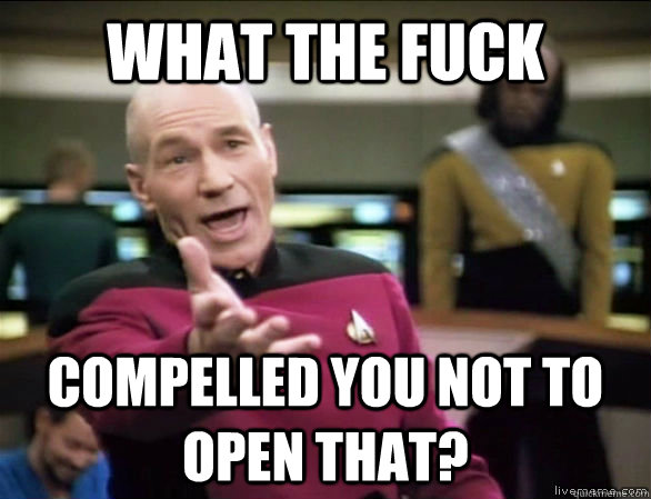 what the fuck compelled you not to open that?  Annoyed Picard HD