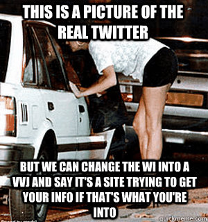 This is a picture of the real twitter But we can change the wi into a vvj and say it's a site trying to get your info if that's what you're into  Karma Whore