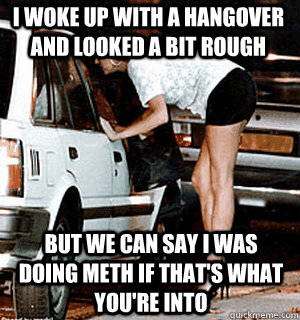 I woke up with a hangover and looked a bit rough but we can say I was doing meth if that's what you're into  Karma Whore