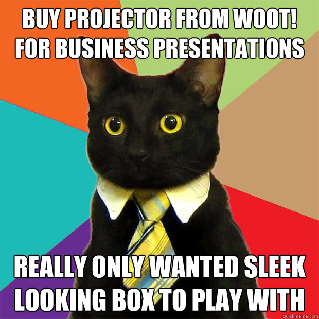 Buy projector from woot! for business presentations Really only wanted sleek looking box to play with  Business Cat