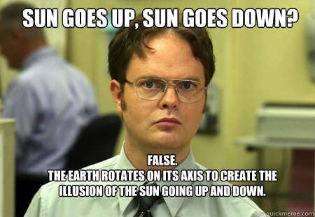 Sun goes up, sun goes down? False.
the earth rotates on its axis to create the illusion of the sun going up and down.  Schrute