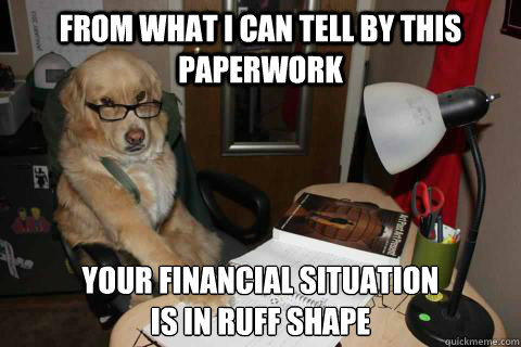 from what i can tell by this paperwork your financial situation 
is in ruff shape  Financial Advice Dog