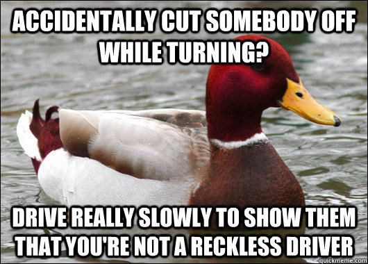 accidentally cut somebody off while turning? drive really slowly to show them that you're not a reckless driver  Malicious Advice Mallard