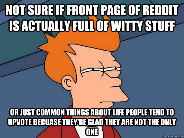 Not sure if front page of reddit is actually full of witty stuff Or just common things about life people tend to upvote becuase they're glad they are not the only one  Futurama Fry