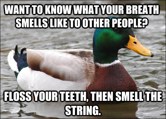 want to know what your breath smells like to other people? floss your teeth, then smell the string.  Actual Advice Mallard