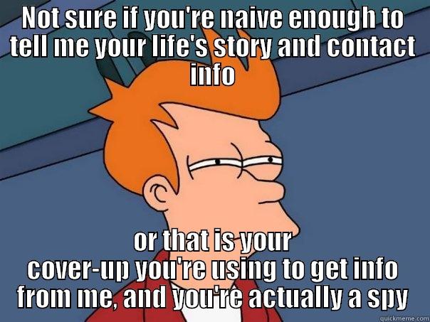 Naive or Spy? - NOT SURE IF YOU'RE NAIVE ENOUGH TO TELL ME YOUR LIFE'S STORY AND CONTACT INFO OR THAT IS YOUR COVER-UP YOU'RE USING TO GET INFO FROM ME, AND YOU'RE ACTUALLY A SPY Futurama Fry