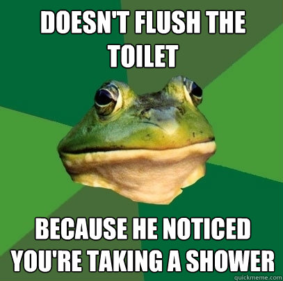 doesn't flush the toilet Because he noticed you're taking a shower  Foul Bachelor Frog
