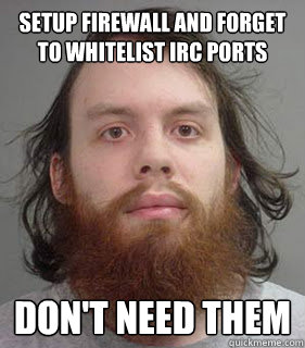 Setup firewall and forget to whitelist irc ports Don't need them - Setup firewall and forget to whitelist irc ports Don't need them  Lazy Linux Admin