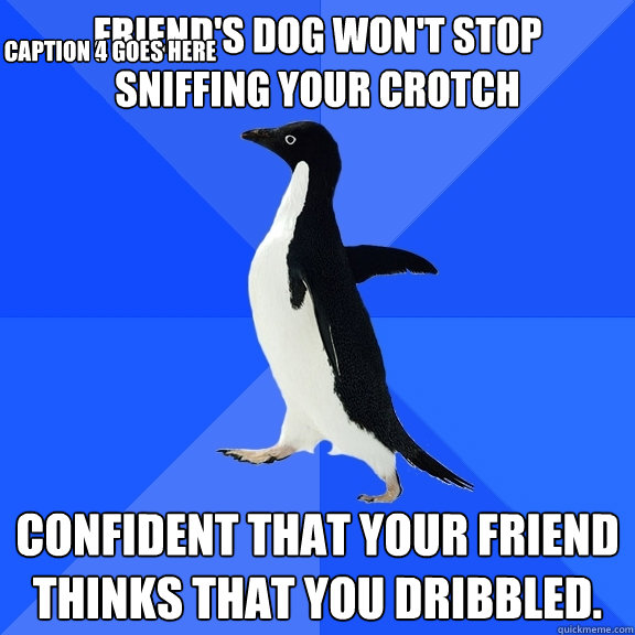 Friend's dog won't stop sniffing your crotch Confident that your friend thinks that you dribbled. Caption 3 goes here Caption 4 goes here  Socially Awkward Penguin
