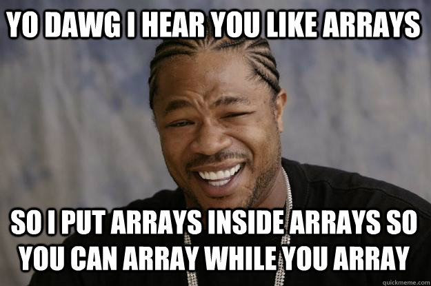 YO DAWG I HEAR YOU LIKE ARRAYS SO I PUT ARRAYS INSIDE ARRAYS SO YOU CAN ARRAY WHILE YOU ARRAY - YO DAWG I HEAR YOU LIKE ARRAYS SO I PUT ARRAYS INSIDE ARRAYS SO YOU CAN ARRAY WHILE YOU ARRAY  Xzibit meme