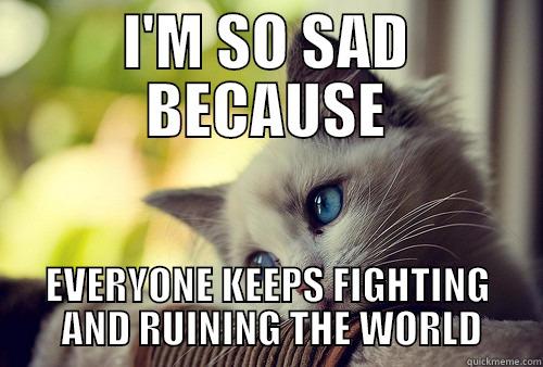 HATE IS FOR SISSIES - I'M SO SAD BECAUSE EVERYONE KEEPS FIGHTING  AND RUINING THE WORLD First World Problems Cat