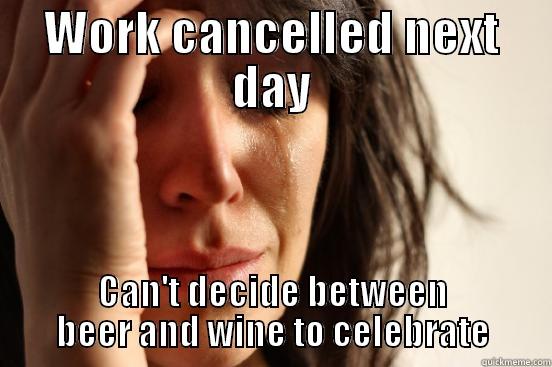 WORK CANCELLED NEXT DAY CAN'T DECIDE BETWEEN BEER AND WINE TO CELEBRATE First World Problems