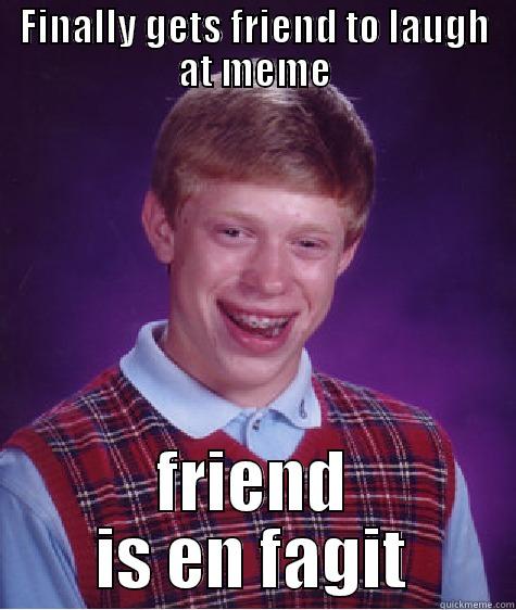 FINALLY GETS FRIEND TO LAUGH AT MEME FRIEND IS EN FAGIT Bad Luck Brian