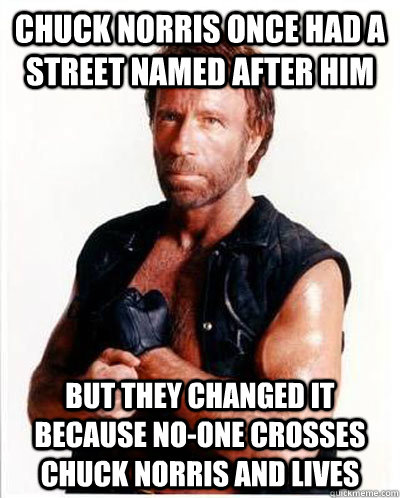 Chuck Norris once had a street named after him but they changed it because no-one crosses  chuck norris and lives  Anti-Chuck Norris Facts