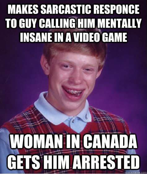 makes sarcastic responce to guy calling him mentally insane in a video game woman in Canada gets him arrested   Bad Luck Brian