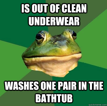 Is out of clean underwear washes one pair in the bathtub  Foul Bachelor Frog