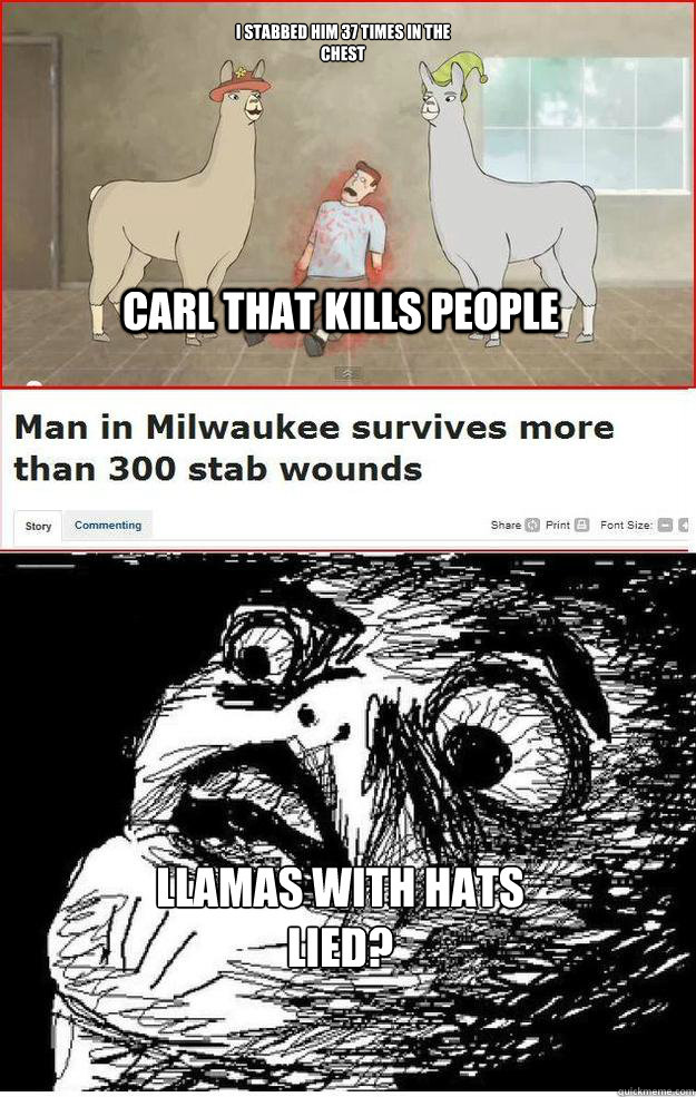 Carl that kills people I STABBED HIM 37 TIMES IN THE CHEST LLAMAS WITH HATS LIED?  