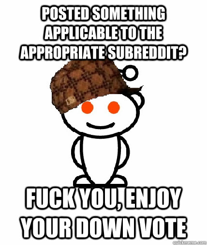 Posted something applicable to the appropriate subreddit? Fuck you, enjoy your down vote  Scumbag Redditor