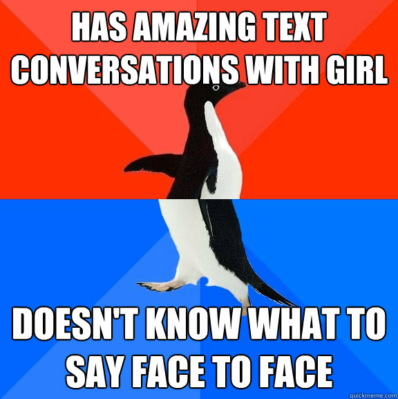 Has amazing text conversations with girl doesn't know what to say face to face  Socially Awesome Awkward Penguin