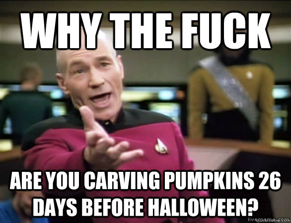 why the fuck are you carving pumpkins 26 days before halloween?  Annoyed Picard HD