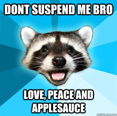 DONT SUSPEND ME BRO LOVE, PEACE AND APPLESAUCE  Lame Pun Coon