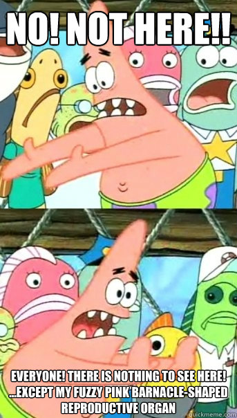 NO! Not here!! Everyone! There is nothing to see here!
...except my fuzzy pink barnacle-shaped reproductive organ  Push it somewhere else Patrick