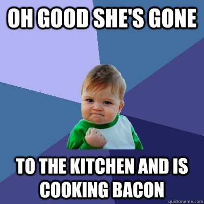 oh good she's gone to the kitchen and is cooking bacon  Success Kid