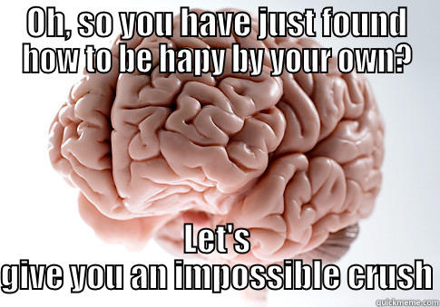 OH, SO YOU HAVE JUST FOUND HOW TO BE HAPY BY YOUR OWN? LET'S GIVE YOU AN IMPOSSIBLE CRUSH Scumbag Brain