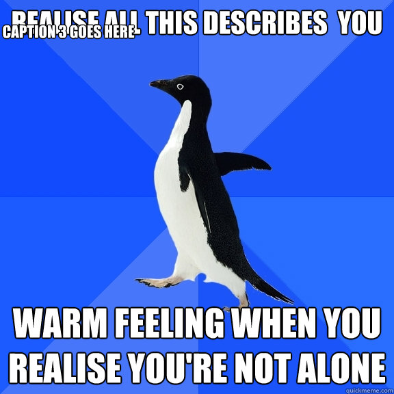realise all this describes  you warm feeling when you realise you're not alone Caption 3 goes here  Socially Awkward Penguin