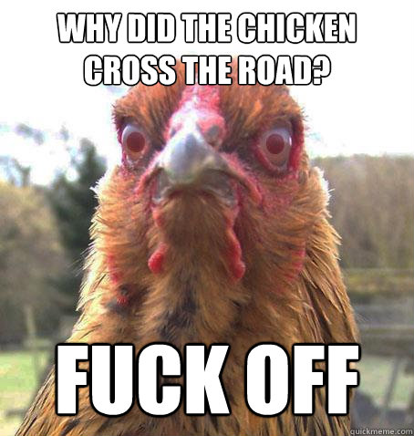 Why did the chicken cross the road? fuck off  RageChicken
