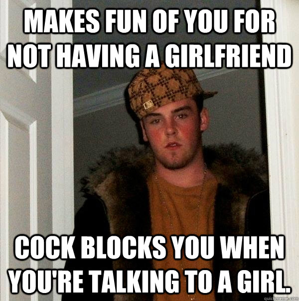 Makes fun of you for not having a girlfriend Cock blocks you when you're talking to a girl.  Scumbag Steve