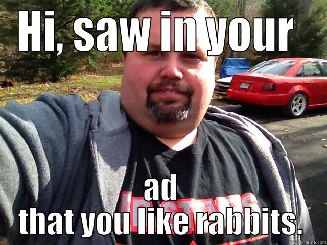 HI, SAW IN YOUR  AD THAT YOU LIKE RABBITS. Misc
