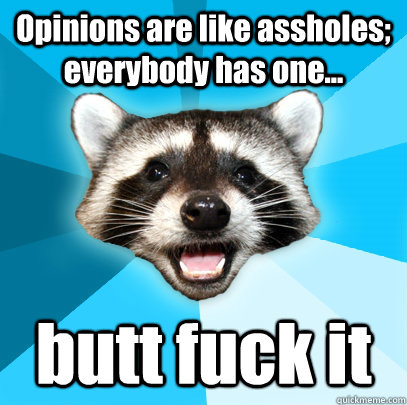 Opinions are like assholes; everybody has one... butt fuck it - Opinions are like assholes; everybody has one... butt fuck it  Lame Pun Coon