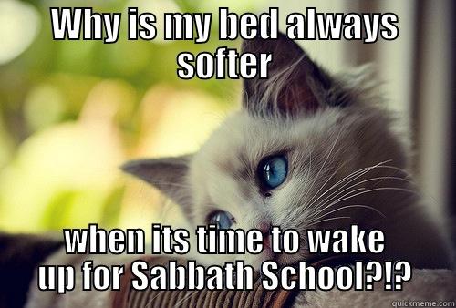 WHY IS MY BED ALWAYS SOFTER WHEN ITS TIME TO WAKE UP FOR SABBATH SCHOOL?!? First World Problems Cat