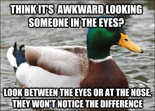 Think it's  awkward looking someone in the eyes? Look between the eyes or at the nose, they won't notice the difference - Think it's  awkward looking someone in the eyes? Look between the eyes or at the nose, they won't notice the difference  Actual Advice Mallard