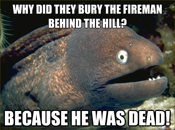 Why did they bury the fireman behind the hill? Because he was dead!  Bad Joke Eel