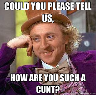 COULD YOU PLEASE TELL US, HOW ARE YOU SUCH A CUNT?  Condescending Wonka