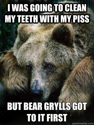 I was going to clean my teeth with my piss but bear grylls got to it first  Sad Bear