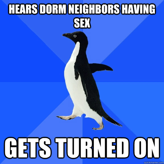 hears dorm neighbors having sex gets turned on  Socially Awkward Penguin