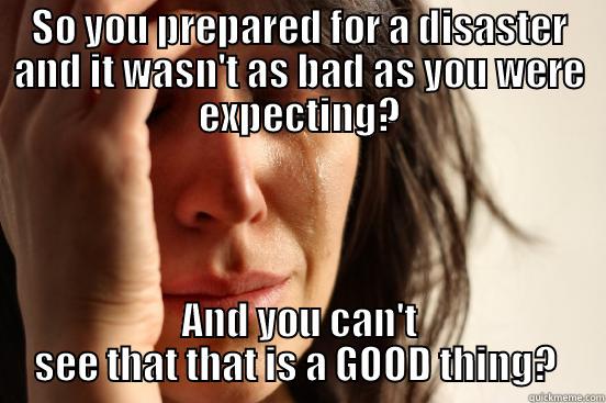 Disaster disaster - SO YOU PREPARED FOR A DISASTER AND IT WASN'T AS BAD AS YOU WERE EXPECTING? AND YOU CAN'T SEE THAT THAT IS A GOOD THING?  First World Problems