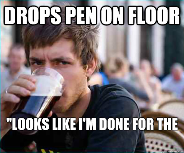 Drops pen on floor 