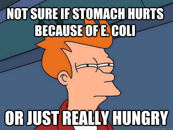 Not sure if stomach hurts because of E. Coli or just really hungry  Futurama Fry
