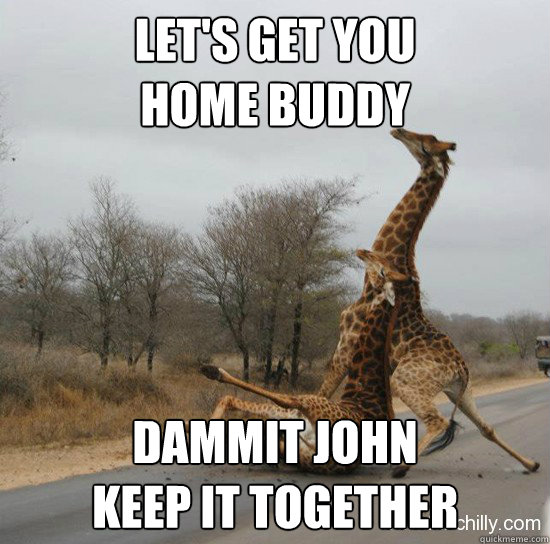 Let's get you 
home buddy Dammit John 
Keep it together  Giraffe