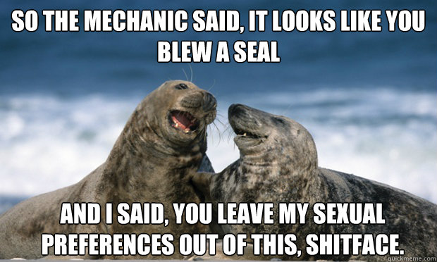 So the mechanic said, it looks like you blew a seal And I said, you leave my sexual preferences out of this, shitface. - So the mechanic said, it looks like you blew a seal And I said, you leave my sexual preferences out of this, shitface.  Comedian Seal