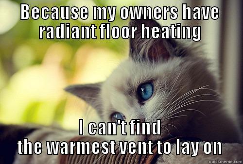 BECAUSE MY OWNERS HAVE RADIANT FLOOR HEATING I CAN'T FIND THE WARMEST VENT TO LAY ON First World Problems Cat
