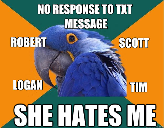 no response to txt
 message she hates me Robert Scott Logan Tim  Paranoid Parrot