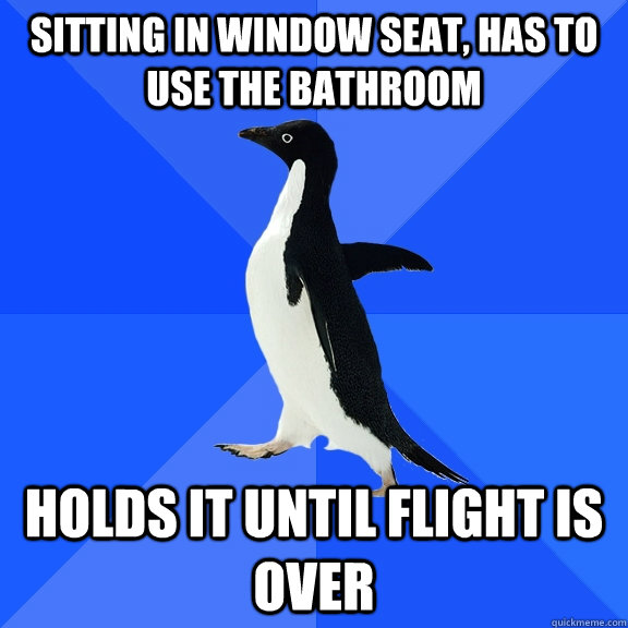 sitting in window seat, has to use the bathroom holds it until flight is over  Socially Awkward Penguin