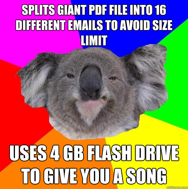 Splits giant pdf file into 16 different emails to avoid size limit uses 4 gb flash drive to give you a song  Incompetent coworker koala