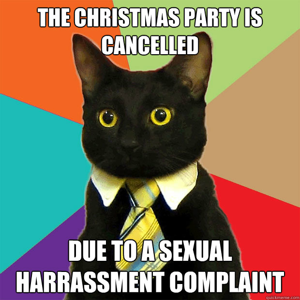 the christmas party is cancelled due to a sexual harrassment complaint - the christmas party is cancelled due to a sexual harrassment complaint  Business Cat